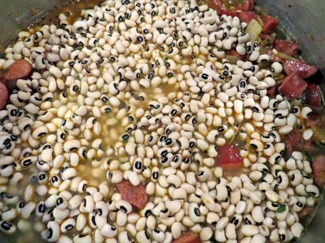 black eyed peas cooking with chorizo