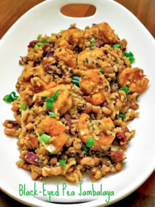 black eyes pea jambalaya on white platter