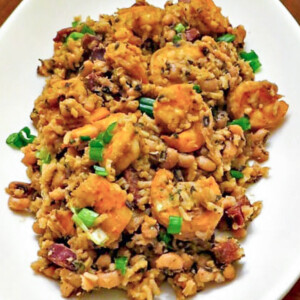 black eyes pea jambalaya on white platter