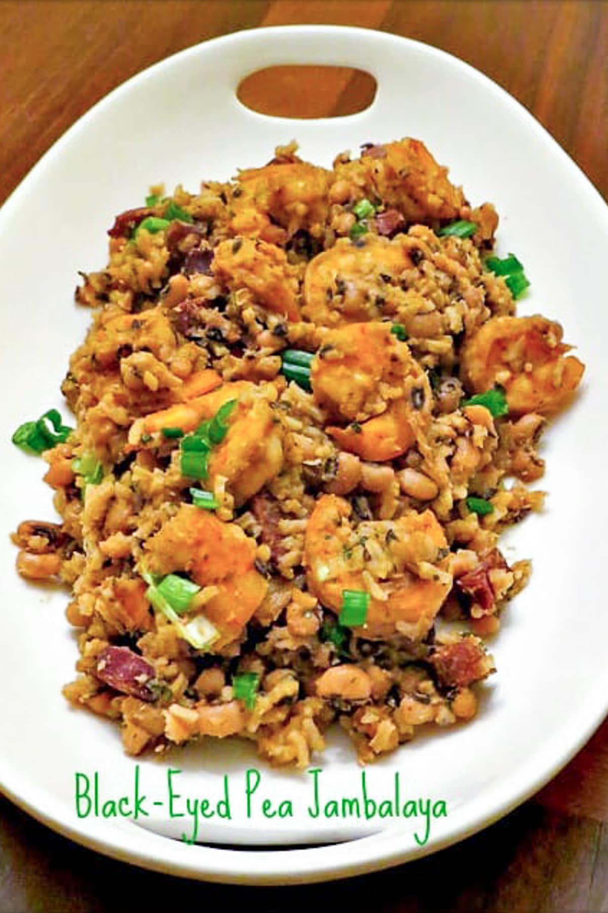 black eyes pea jambalaya on white platter