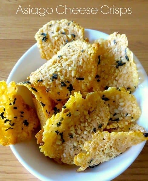 asiago cheese crisps are a low carb cracker made from cheese and sage