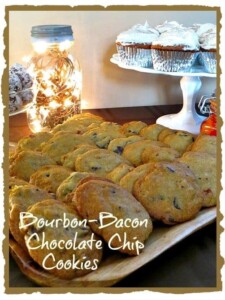 Bourbon bacon chocolate chip cookies on a platter