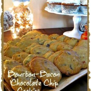 Bourbon bacon chocolate chip cookies on a platter