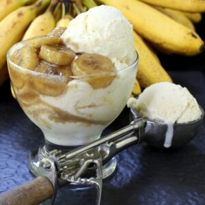bananas foster dessert in cup with scooper