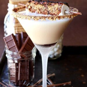 Roasted marshmallows garnish this S'mores Martini!