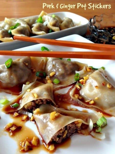 Pork and Ginger Pot Stickers on a plate with sauce