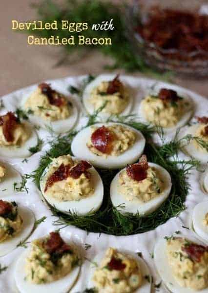 Deviled Eggs with Candied Bacon are the perfect party food! Serve for brunch, appetizers or just for snacking! Deviled Eggs recipe with Candied Bacon