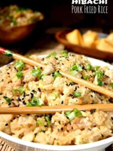 hibachi fried Rice in a bowl with chop sticks