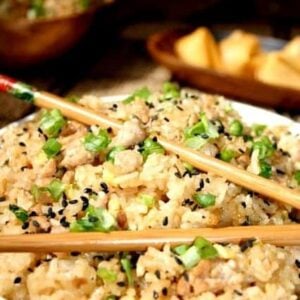 hibachi fried Rice in a bowl with chop sticks