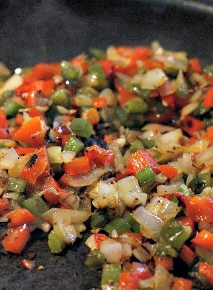 Chicken Fajita Fried Rice is made with charred peppers and onions