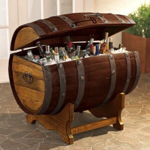 A barrel-shaped ice chest full of different kinds of tequila.