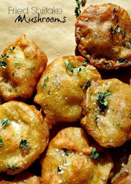 These Fried Shiitake Mushrooms are so perfectly delicious and crispy. Super tender and juicy mushrooms coated in a light, crispy beer batter! Fried shiitake Mushrooms with fresh thyme