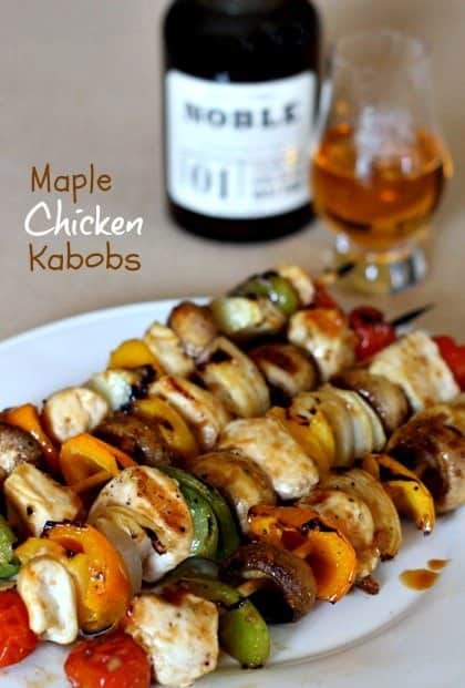 maple glazed chicken kabobs on a platter