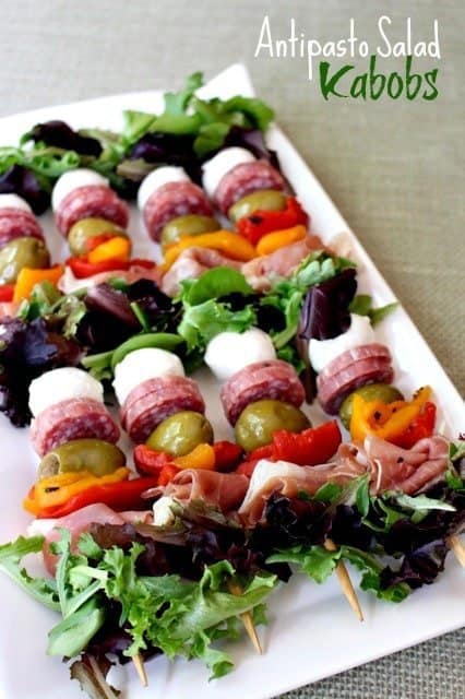 antipasto salad kabobs on a tray for serving