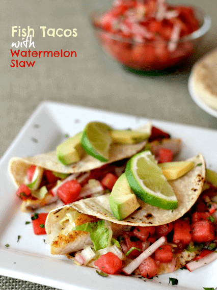 Fish tacos watermelon slaw on a white plate