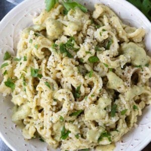 pasta in a bowl with creamy zucchini pasta sauce