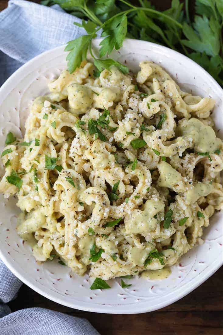 pasta in a bowl with creamy zucchini pasta sauce