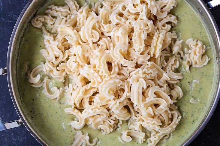 pasta in a skillet with zucchini pasta sauce