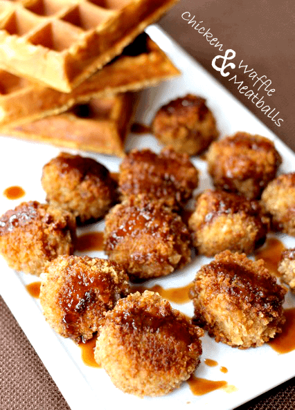 chicken and waffle meatballs with syrup