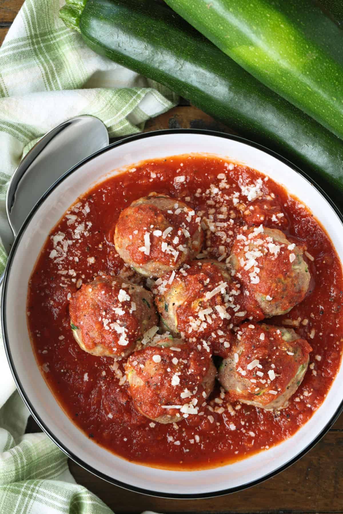 turkey meatballs with zucchini in a bowl from the top