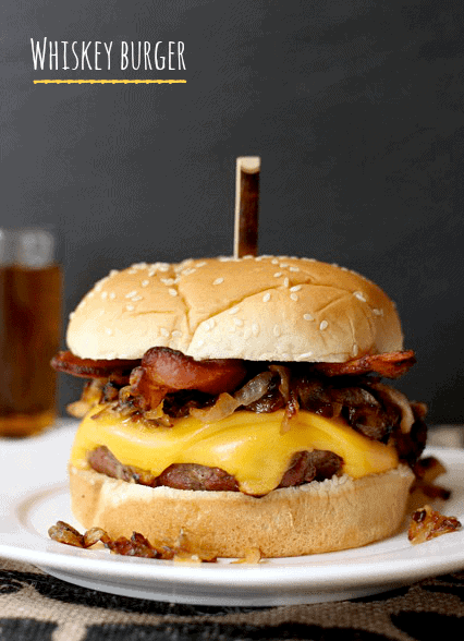 Whiskey Burgers are a hamburger recipe with caramelized onions and bacon