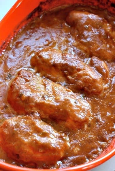 chicken satay bruschetta in a baking dish