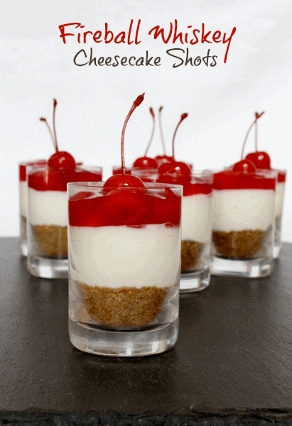 Fireball Whiskey Cheesecake Shots are a dessert shot recipe with whiskey and cherries