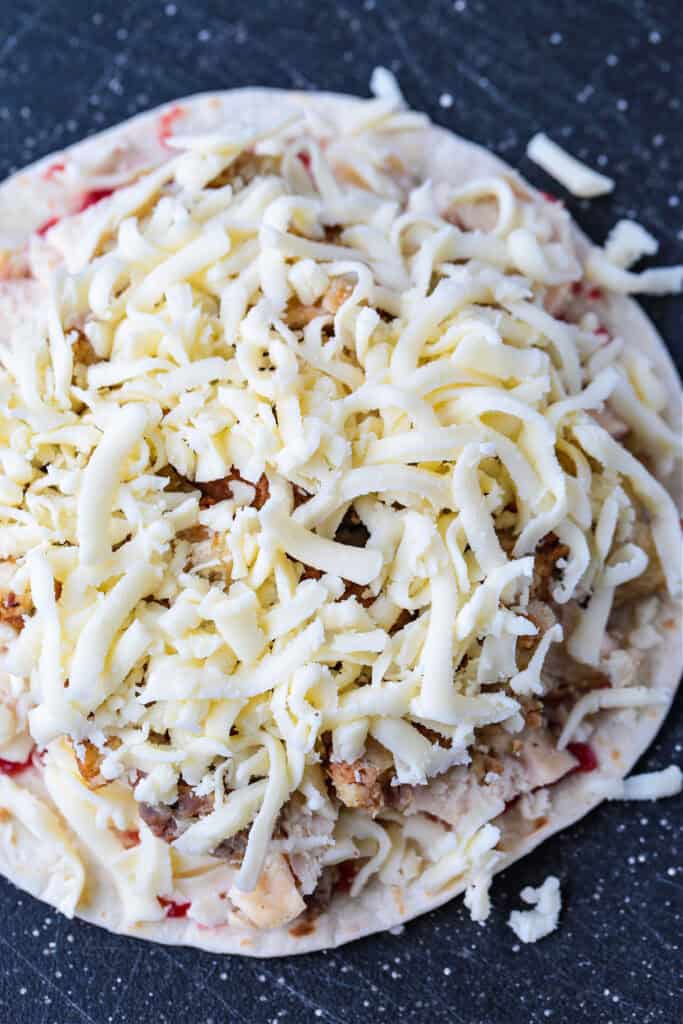 tortillas with leftover turkey, stuffing, cranberry sauce and cheese
