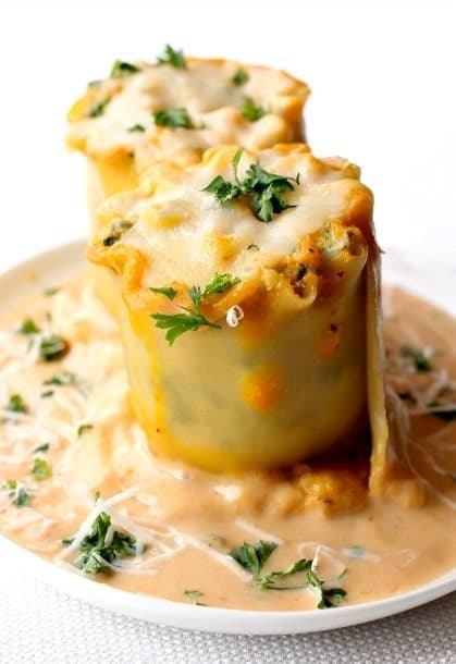 Turkey Lasagna Rolls with Pumpkin Alfredo on a plate