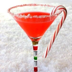 candy cane martini with snow background