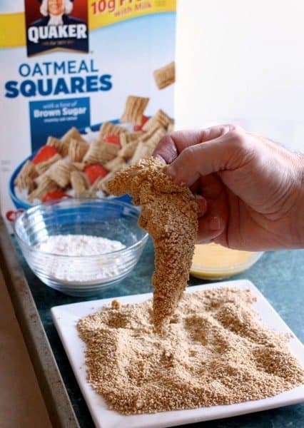 breading chicken fingers in cereal crumbs