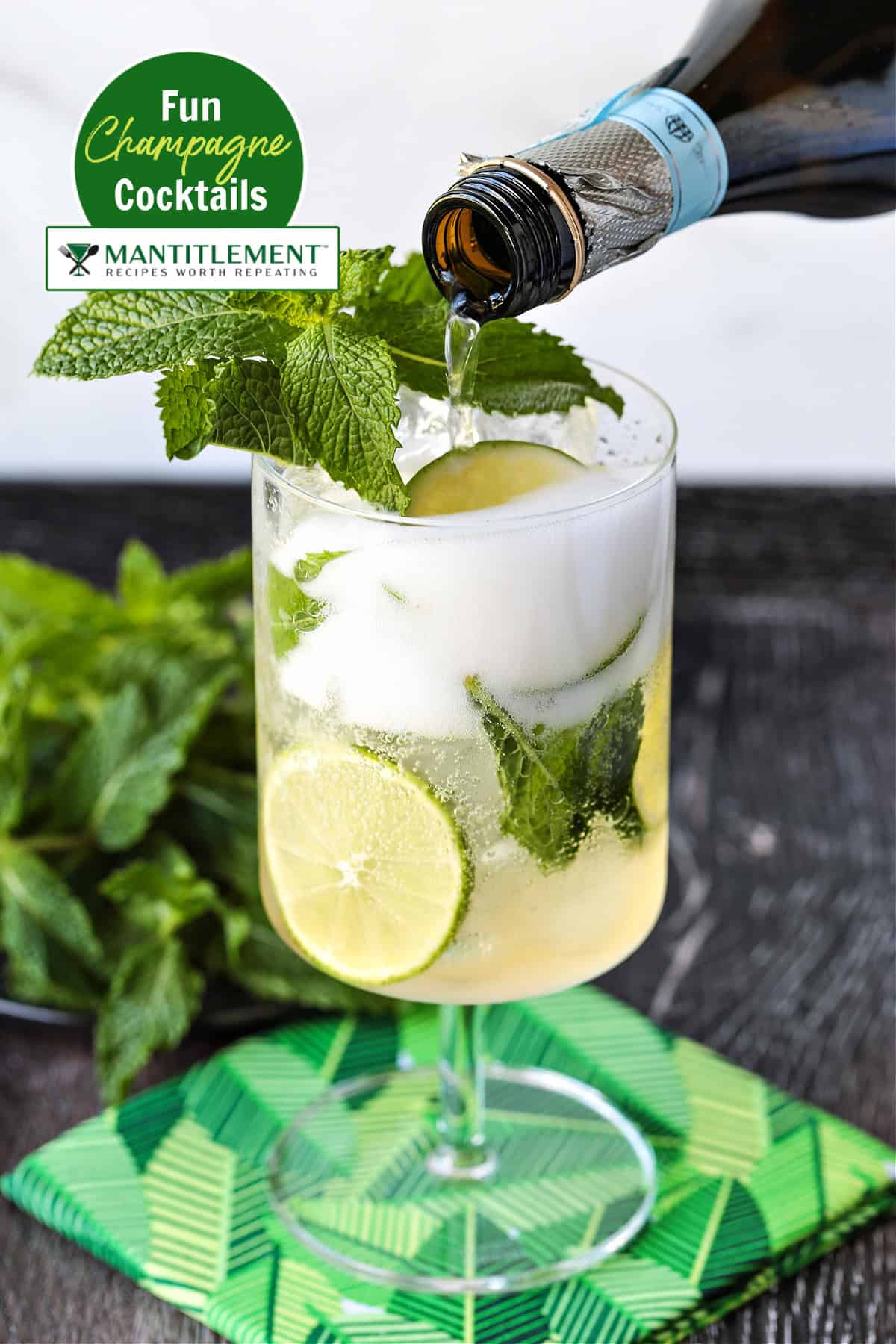 Try these fun and tasty Champagne Cocktails at your next party, holiday or date night in! Easy to make drinks that are sure to impress! picture of champagne being poured into glass with mint and limes