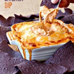 buffalo chicken dip with a tortilla chip