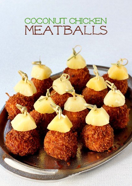 coconut chicken meatballs on serving platter