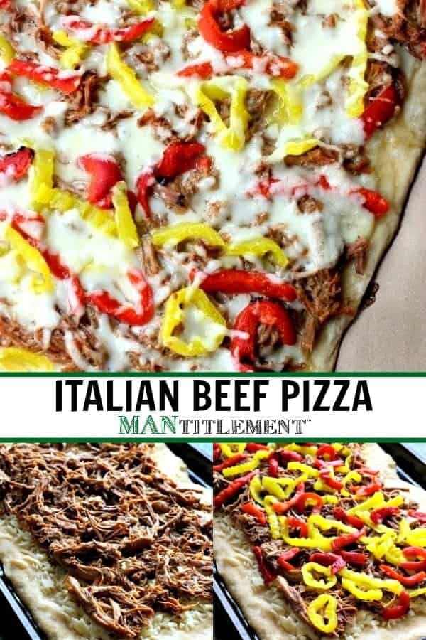 This Italian Beef Pizza has all the flavors of an Italian Beef Sandwich baked on a pizza! A fun recipe to serve at game days and parties! italian beef pizza collage for pinterest