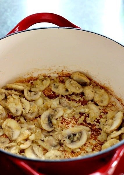 mushrooms cooking for macaroni and cheese recipe