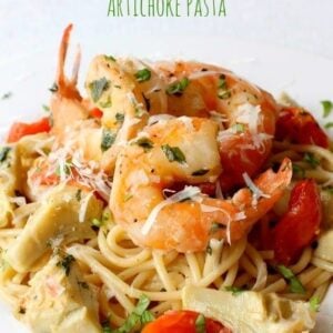 shrimp and artichoke pasta on a plate