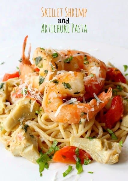 skillet shrimp and artichoke pasta on plate