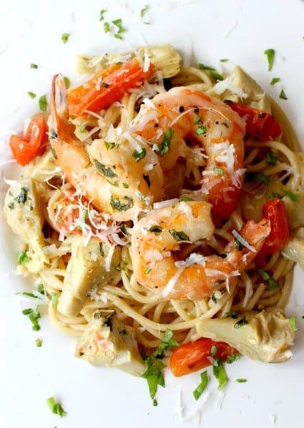 skillet shrimp and artichoke pasta top