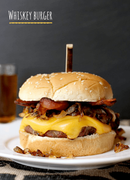 Whiskey Burger recipe on a plate with cheese and bacon