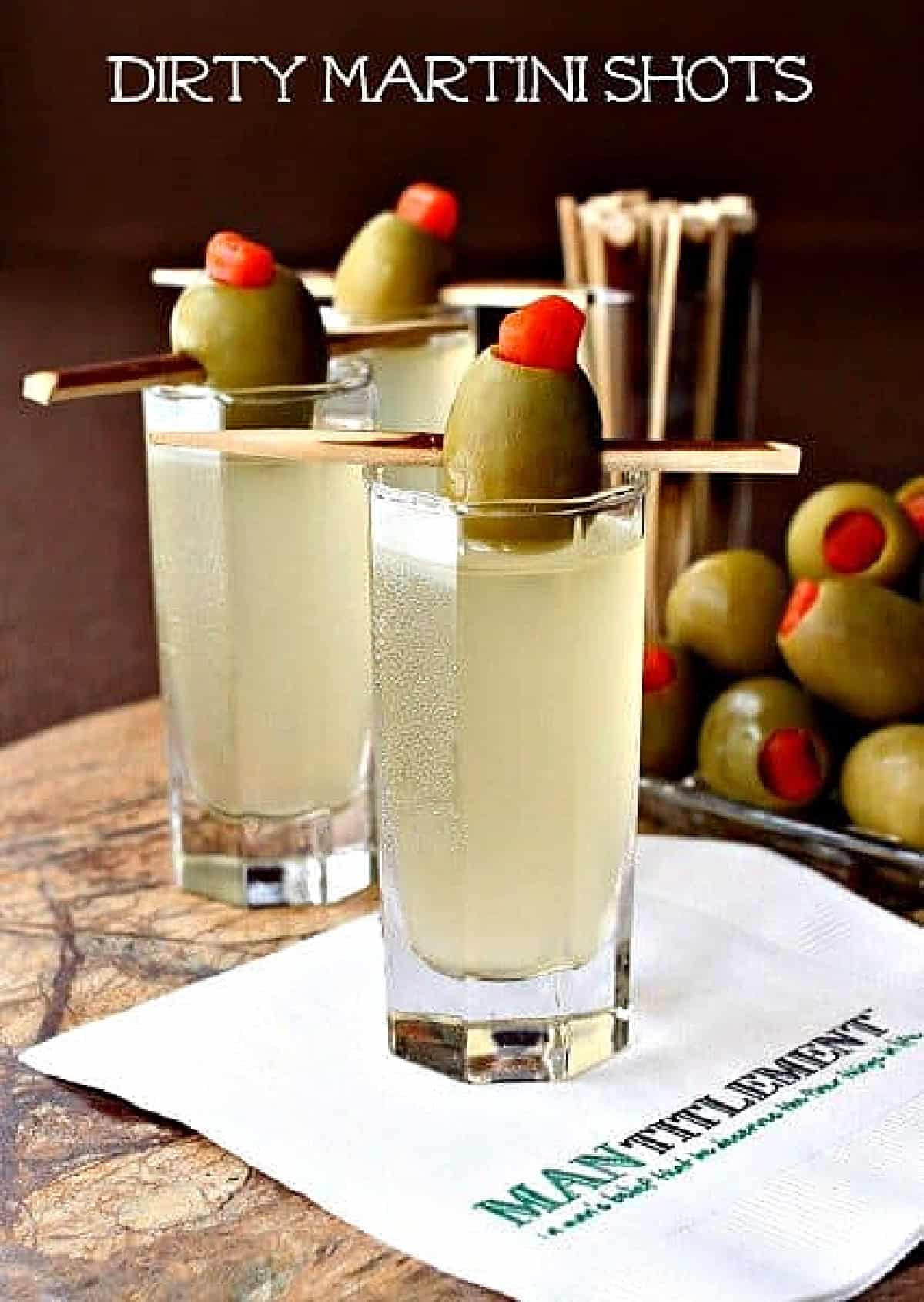 dirty martini shots on napkin