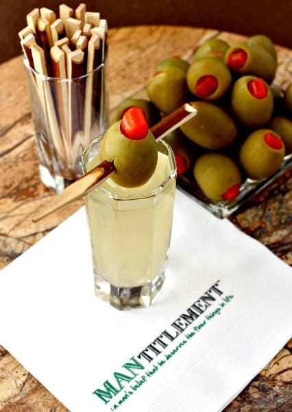 Dirty Martini Shots with olives