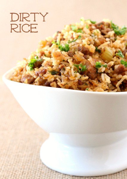 dirty rice in a white bowl