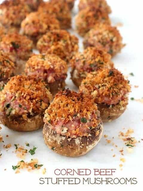 10 Leftover Corned Beef Recipes to transform your leftovers into new, fun and unique recipes. From appetizers to breakfast to dinner ideas! mushroom caps stuffed with corned beef