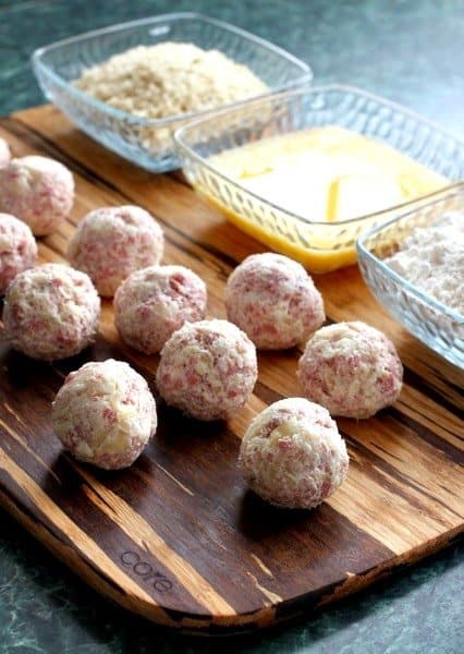 Reuben Fritters process shot with breading station