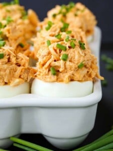 Buffalo Chicken Stuffed Eggs are an appetizer recipe made with chicken salad stuffed in a hard boiled egg