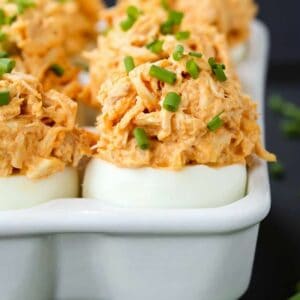 Buffalo Chicken Stuffed Eggs are an appetizer recipe made with chicken salad stuffed in a hard boiled egg