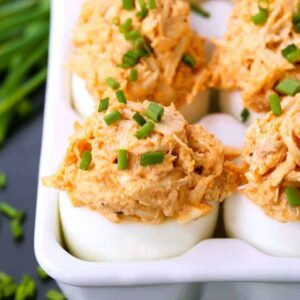 Buffalo Chicken Stuffed Eggs are an appetizer or snack with buffalo chicken