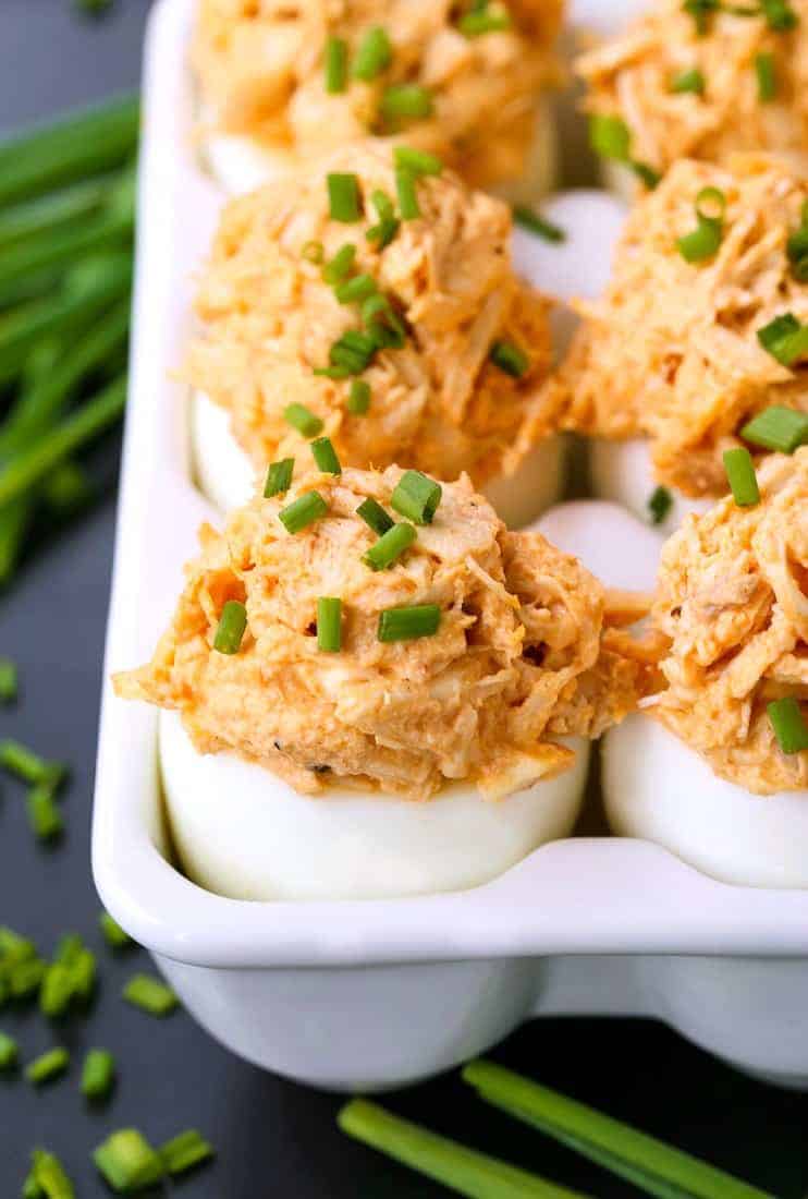 Buffalo Chicken Stuffed Eggs are an appetizer or snack with buffalo chicken