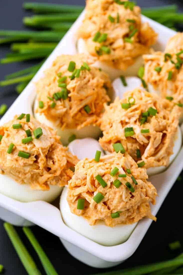 Buffalo Chicken Stuffed Eggs are hard boiled eggs filled with shredded buffalo chicken